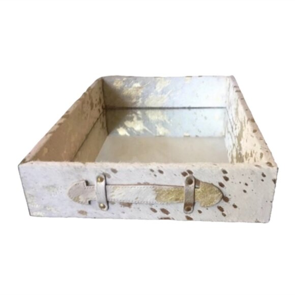 Autumn Hill Handled Cowhide Gold Metallic Paint Splatter Mirror Serving Tray - Picture 2 of 6